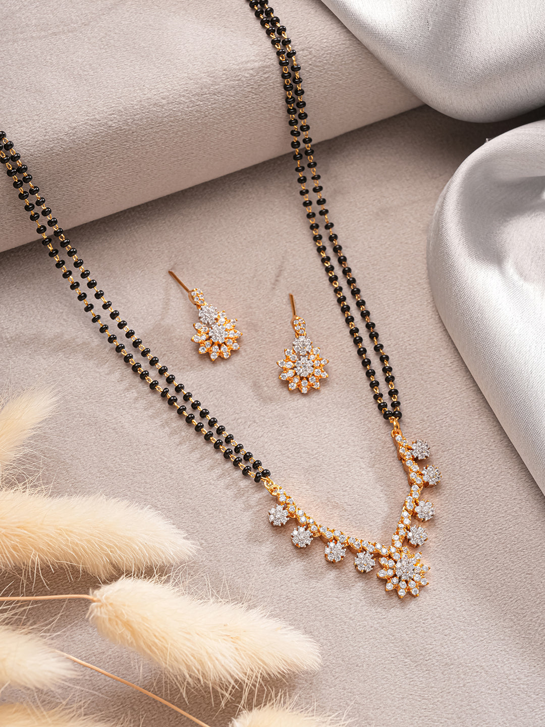 Gold Toned AD Studded Black Beads Studded  Designer Floral  Mangalsutra Jewellery Set